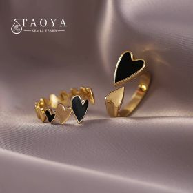 2022 New Creative Metal Black Enamel Peach Heart Stitched Gold Color Rings Accessories For Women at Korean Fashion Jewelry Party (Stone Color: Style A, Ring Size: Resizable)